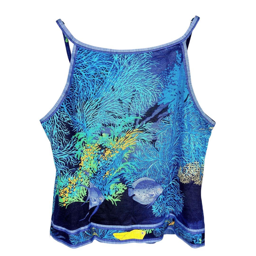 マカ113 超美品 レオナール リネンキャミソール トップス ブルー Lサイズ