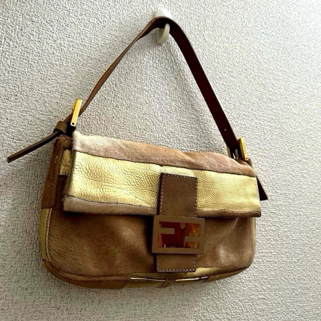 希少✨ FENDI フェンディ バゲット ハンドバッグ ハラコ×ゴールドレザー