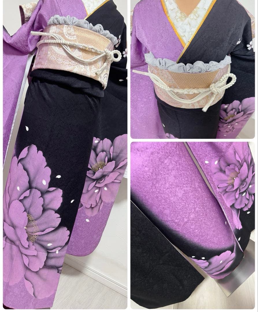 正絹　豪華振袖フルセット　大輪　牡丹　薄紫 ピンク　黒地　紫と黒 花柄