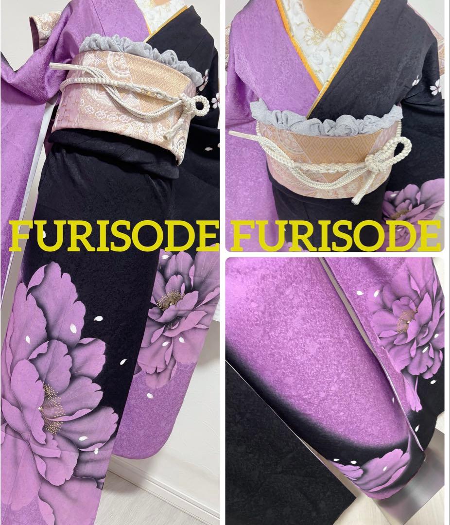 正絹　豪華振袖フルセット　大輪　牡丹　薄紫 ピンク　黒地　紫と黒 花柄