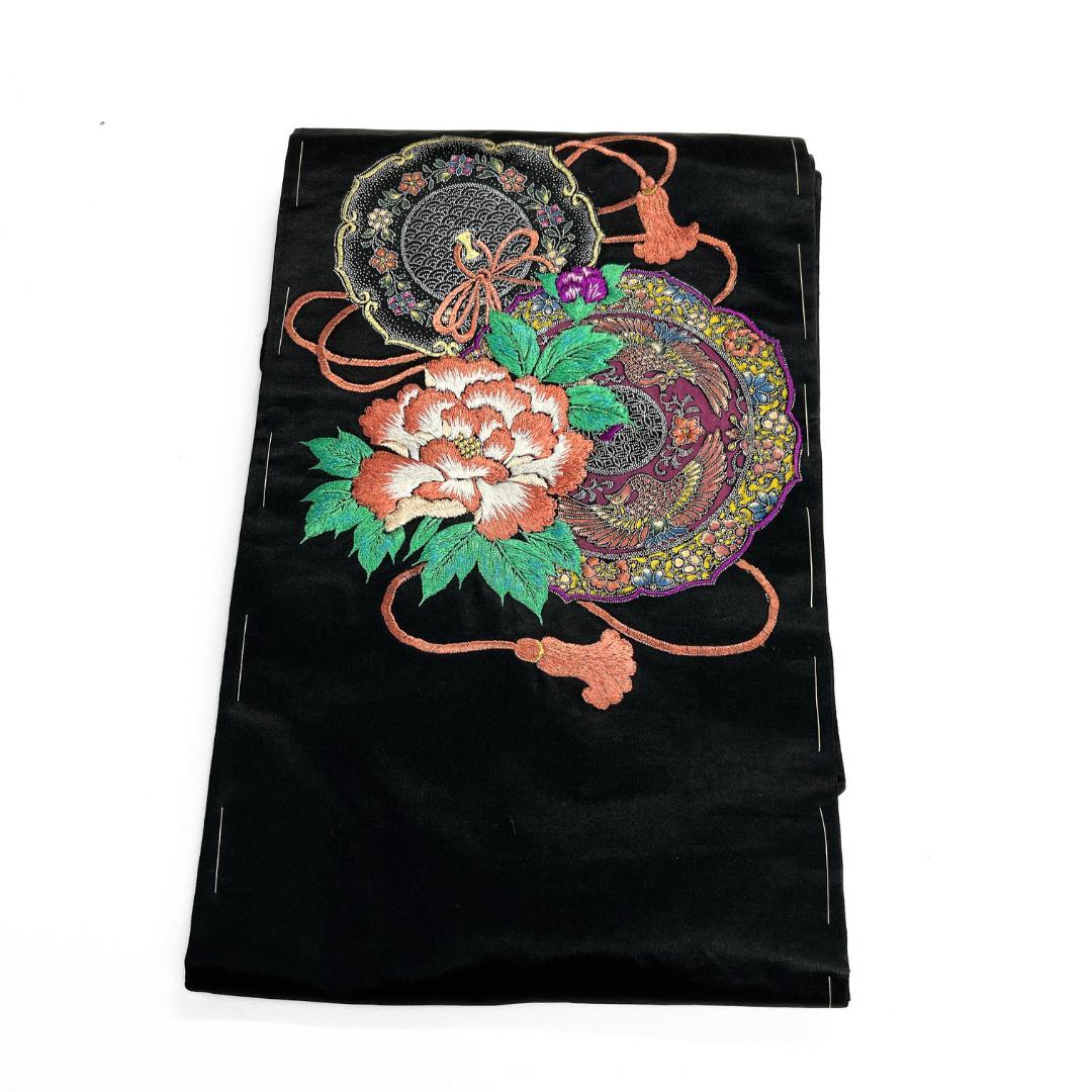 アンティーク　名古屋帯　銀彩　刺繍　鏡裏　牡丹　鳳凰　着物　123b d ms