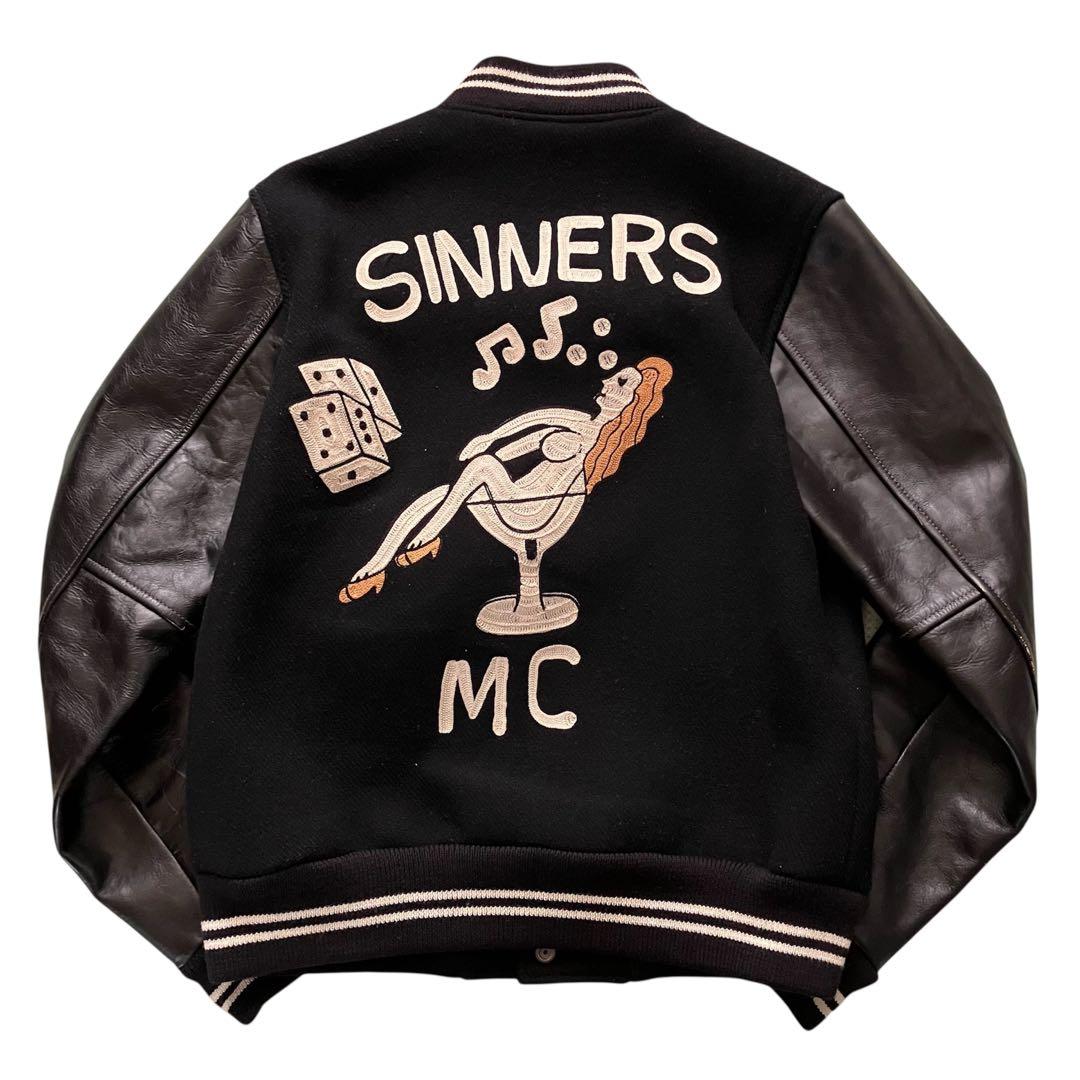 ジェラード 50's復刻 \"SINNERS\" チェーン刺繍 本革袖スタジャン 黒