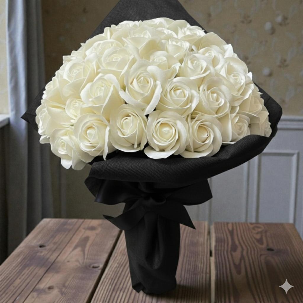 2.16記念日に 永遠に咲くサヴォンローズ モノトーン花束 黒リボン 推し活に
