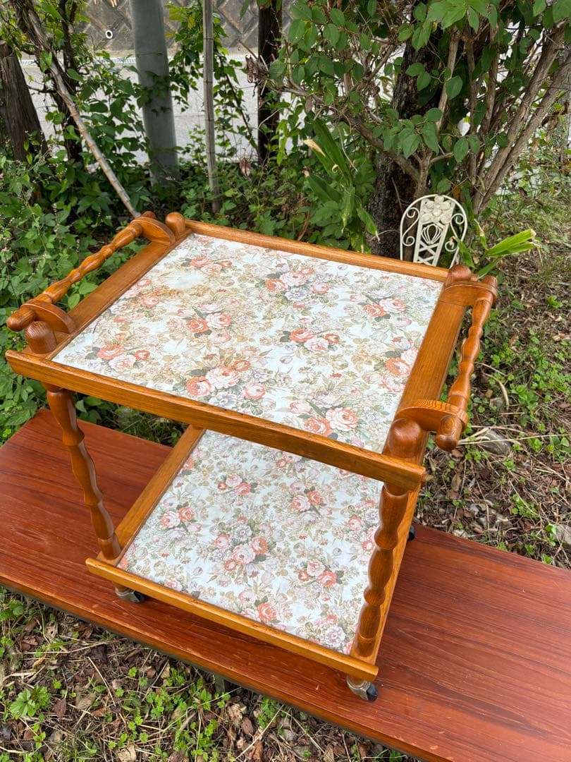 60〜70s 木製 2段式キッチンワゴン トローリーワゴン　花柄 昭和レトロ