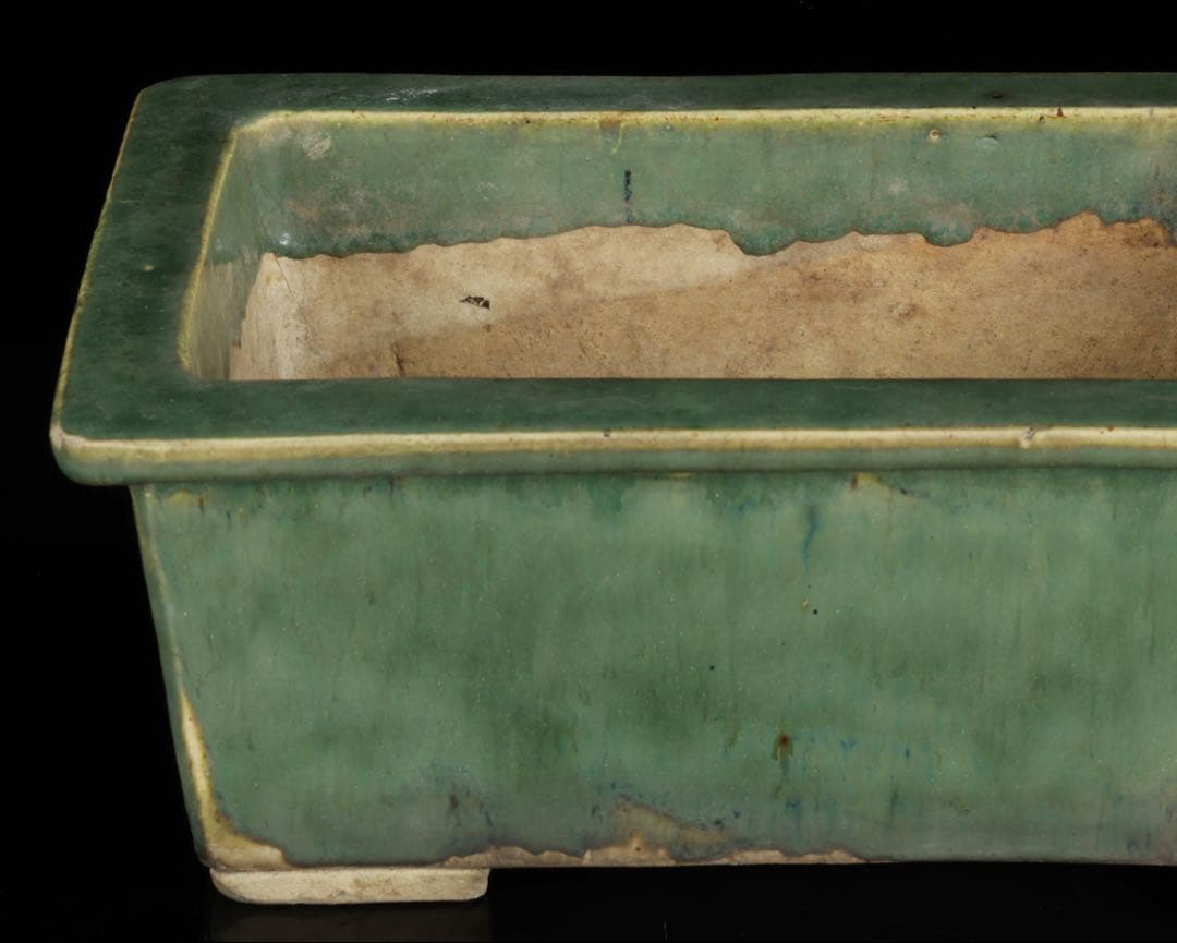 中国古盆器 緑釉外縁長方鉢 盆栽鉢 重厚時代鉢 中国古美術 古陶磁 骨董 古美術