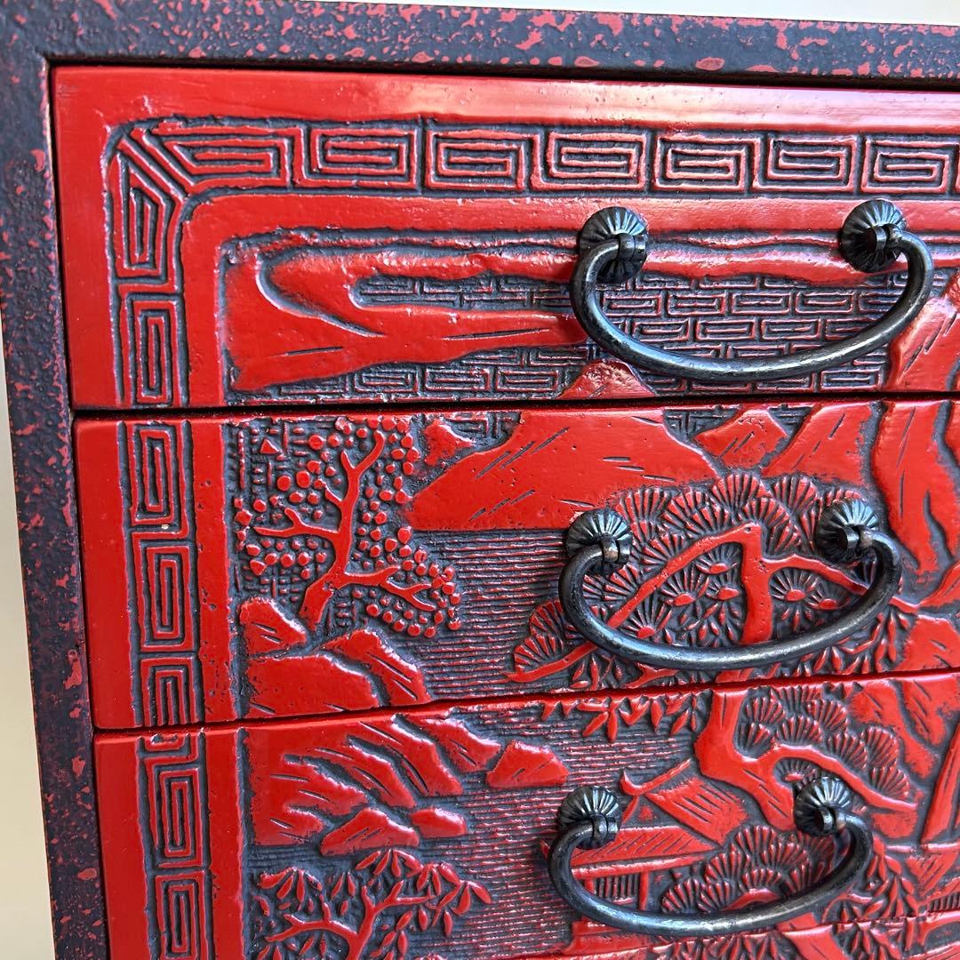 【希少】 堆朱　漆器　手彫り　引き出し 小箪笥 木製 松 伝統工芸 和箪笥 5段