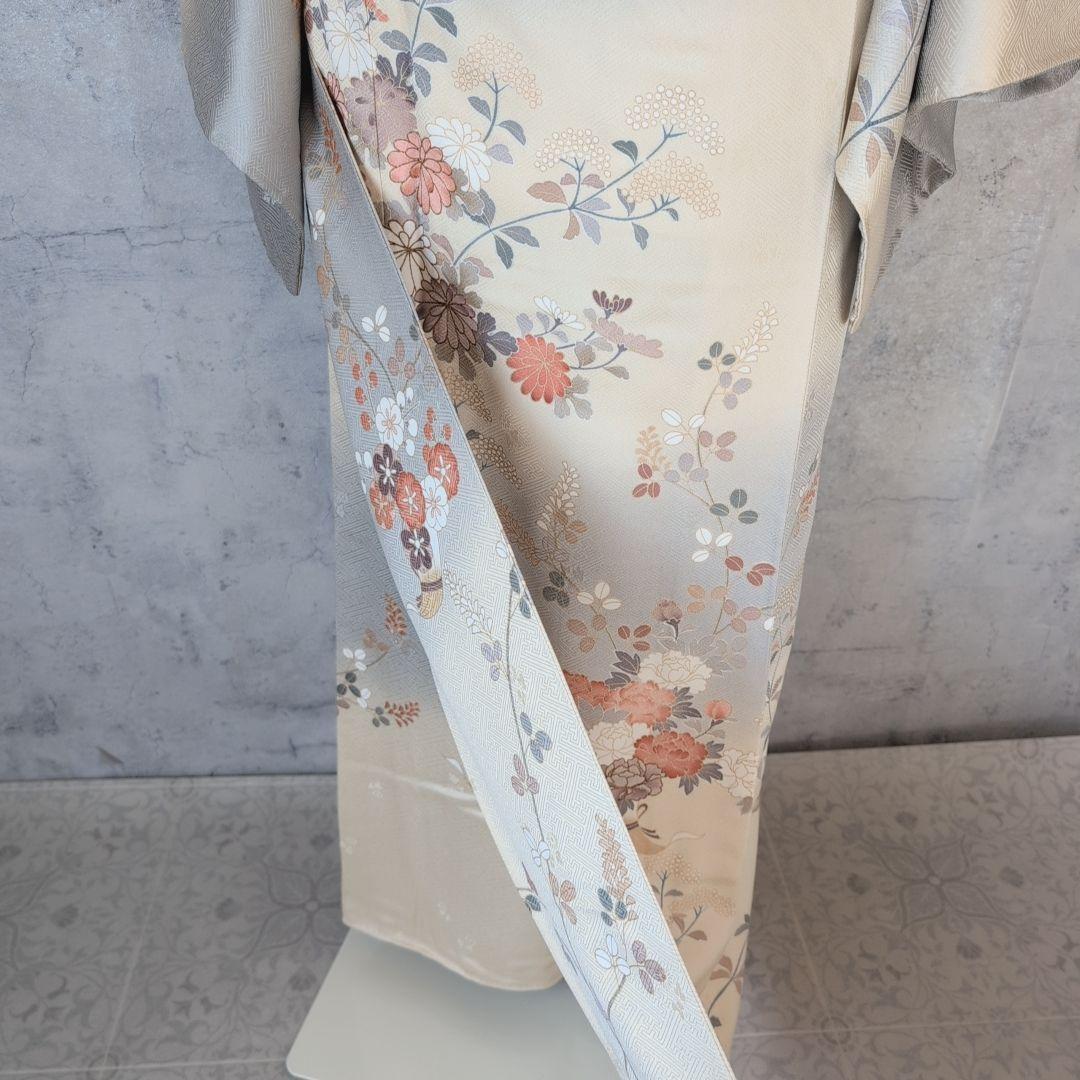 訪問着　フルセット　着物　正絹　淡い黄色　トールサイズ　比翼仕立　花金駒刺繍E2