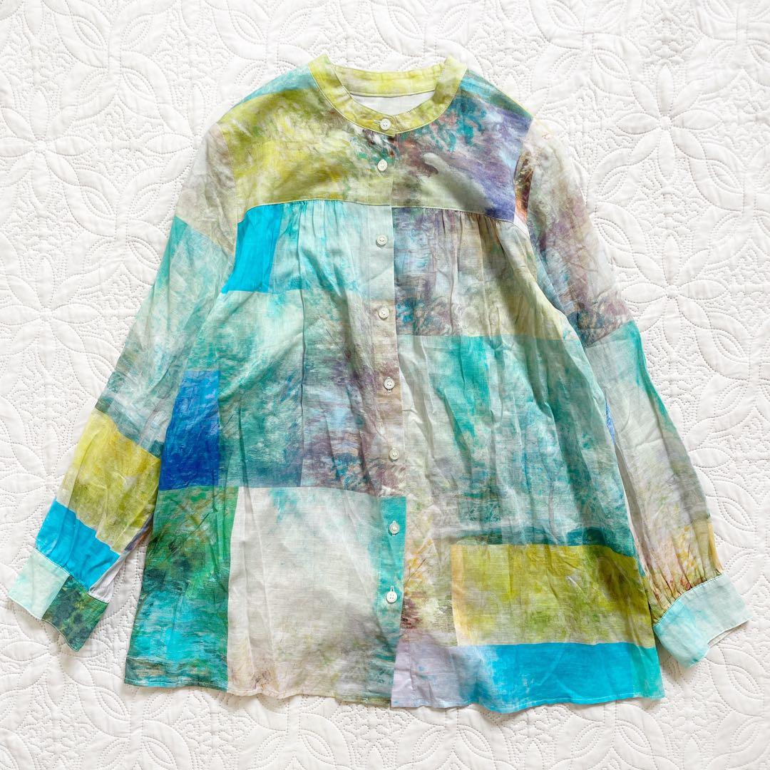 現行　レリアン　ブラウス　11号　シアー素材　バンドカラー　パッチワーク風　綿麻