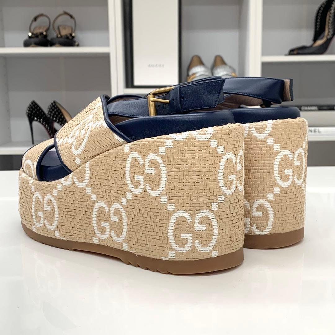グッチ レザー ストロー GG ウェッジソール 厚底 サンダル バイカラー