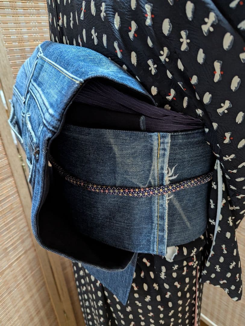 デニムリメイク 帯ベルト（お太鼓作り帯）No.1793 和洋折衷コーデ