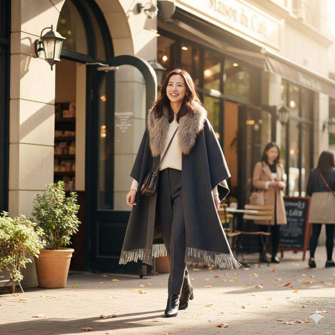 【美品】グレースコンチネンタル　ポンチョ　ストール　ラクーンファー　グレー