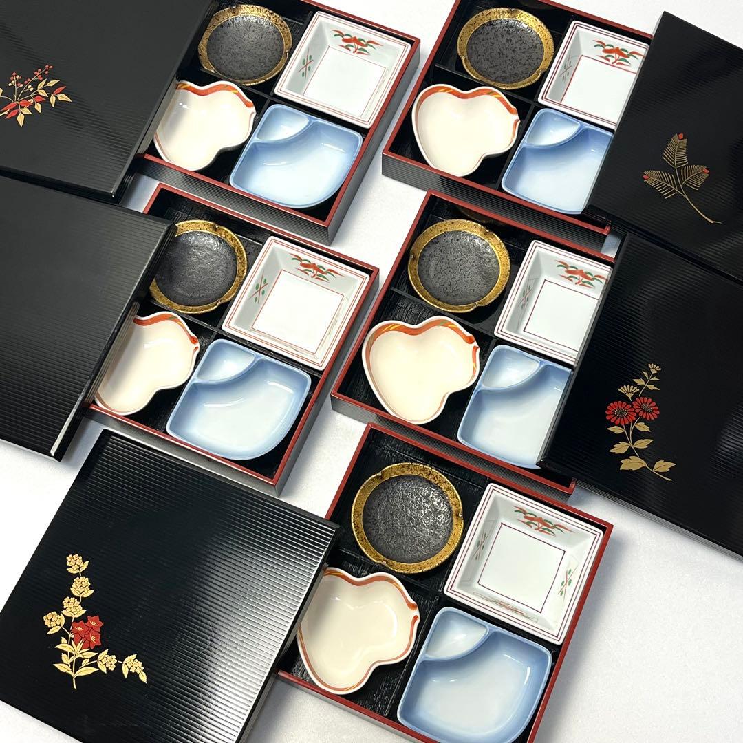 【松花堂】天然木　弁当箱　5客　仕切　小皿付　蓋付花柄5種