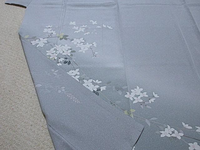 訪問着：美品：白い花と萩の花：淡いブルーグレー：袷正絹：P32