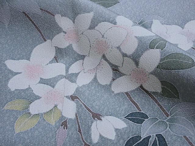 訪問着：美品：白い花と萩の花：淡いブルーグレー：袷正絹：P32