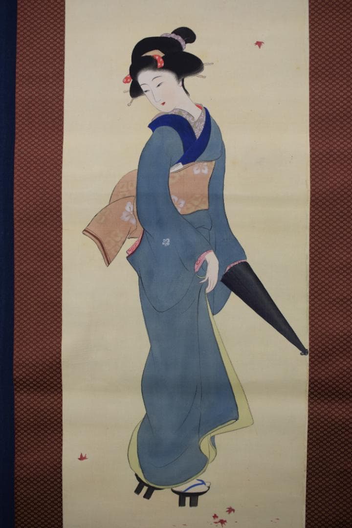 【真作】松嶺/紅葉美人図/掛軸☆宝船☆Y-508　JM