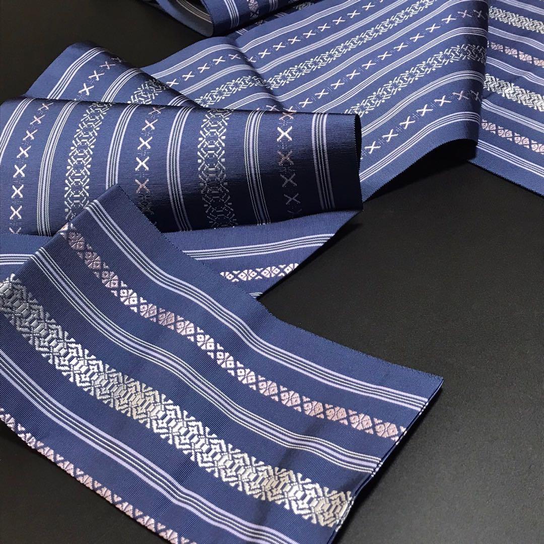 新品 本場筑前博多織 金印 名古屋帯 黒木織物 仕立上がり 八寸 紺 正絹 着物