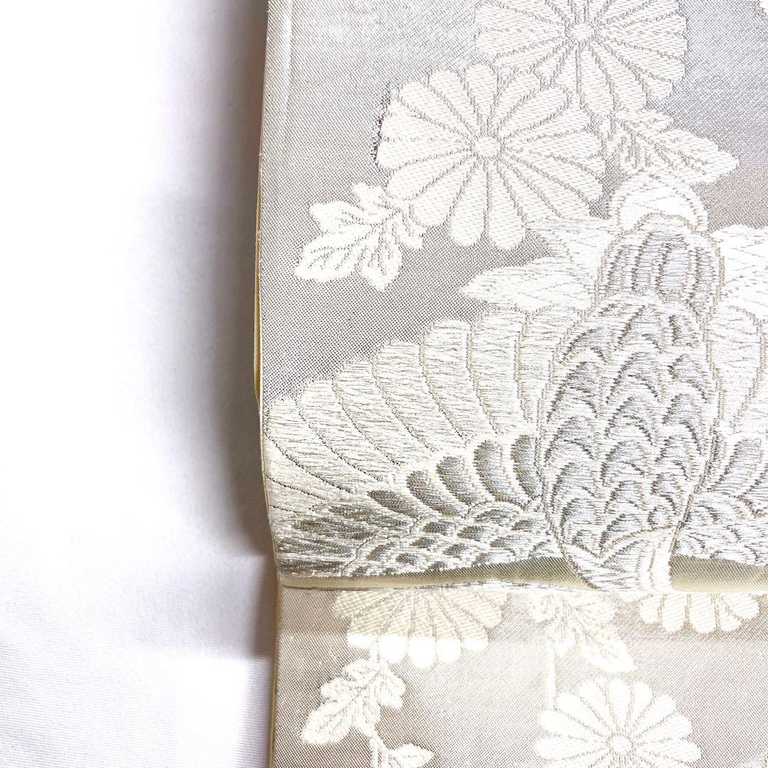 袋帯　唐織　双鶴文　鶴　菊花　白地　銀糸　着物　011tz