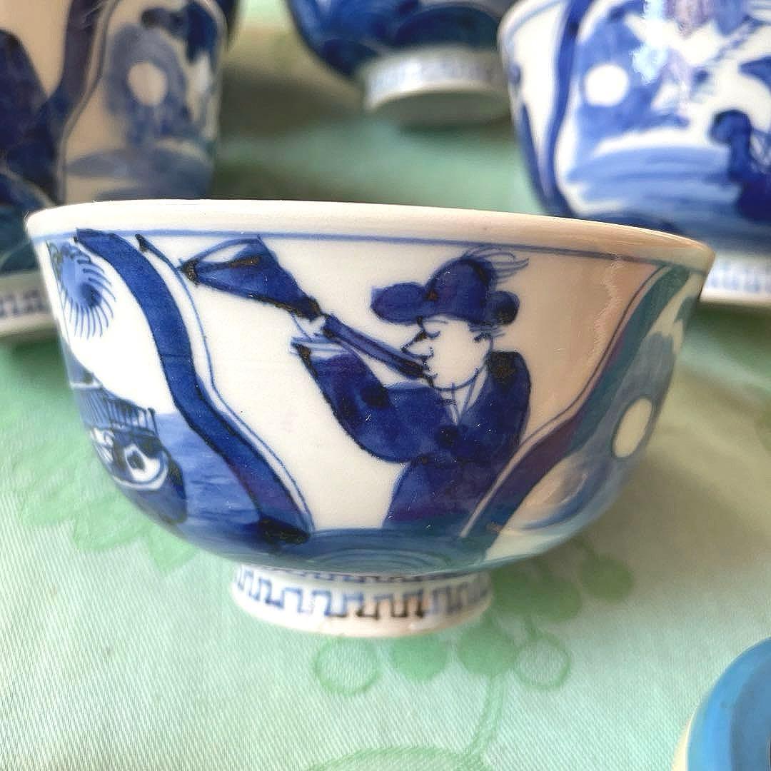 幕末明治　異人　外来船　蓋付きご飯茶碗　5客