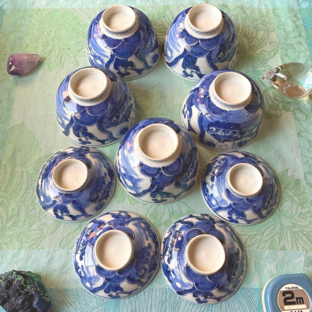 幕末明治　異人　外来船　蓋付きご飯茶碗　5客