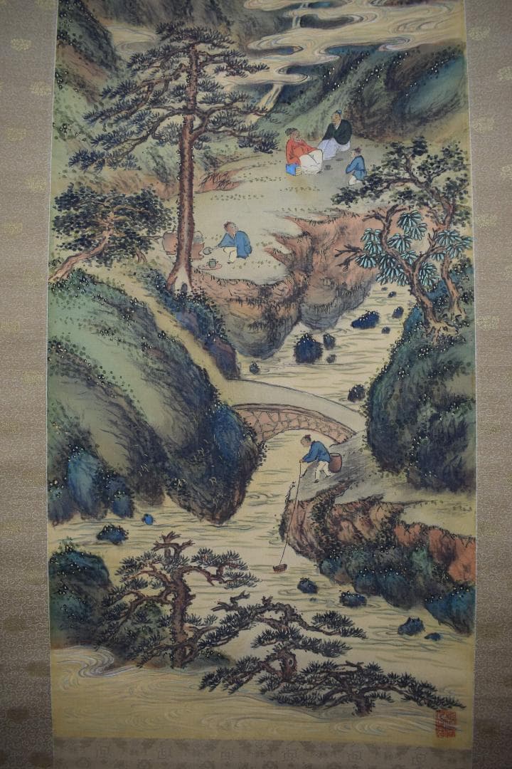 【真作】東伯/青緑山水人物画賛/掛軸☆宝船☆Y-167　JM