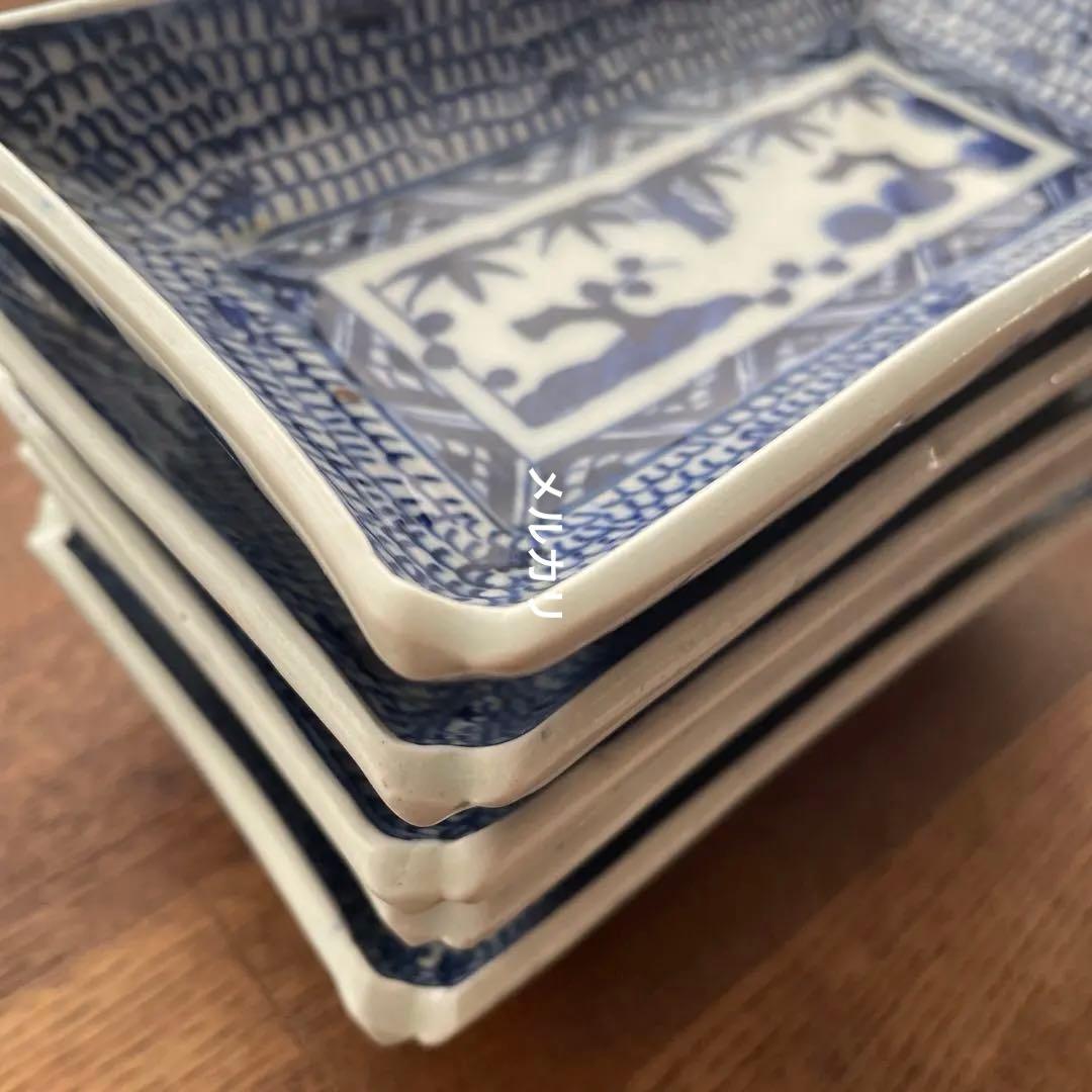 古伊万里染付　微塵唐草　松竹梅　五客揃　長皿5客　骨董アンティーク　隅入角皿