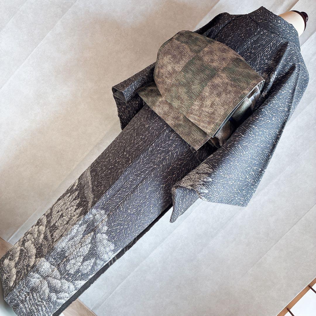 〈長襦袢➕〉訪問着　フルセット　着物　正絹　保津川下り　渋　パールトーン　J8