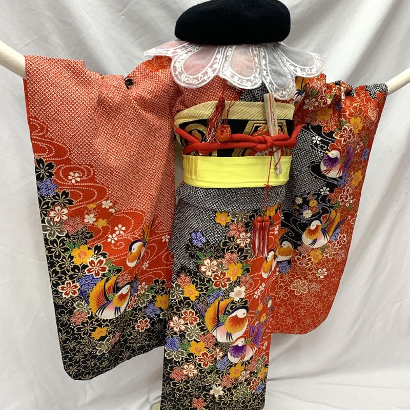 504ag67□七五三 七歳 女児 着物&袋帯 総絞り風 金彩 鴛鴦□状態良好