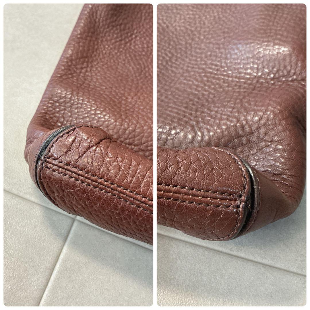 美品 ヒロフ♡レザー ショルダーバッグ 型押しHロゴ シボ革 ブラウン 保存袋付