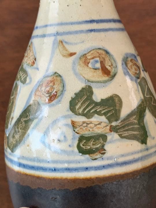 人間国宝 金城次郎初期 昭和時代 呉須絵二彩線刻魚船紋徳利