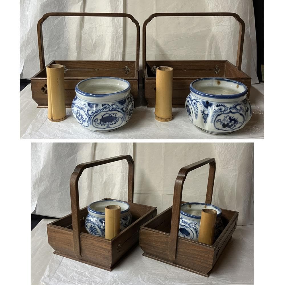 y066 桑 手付 莨盆 一対 木箱入り 古伊万里 火入 灰吹 透かし 煙草盆