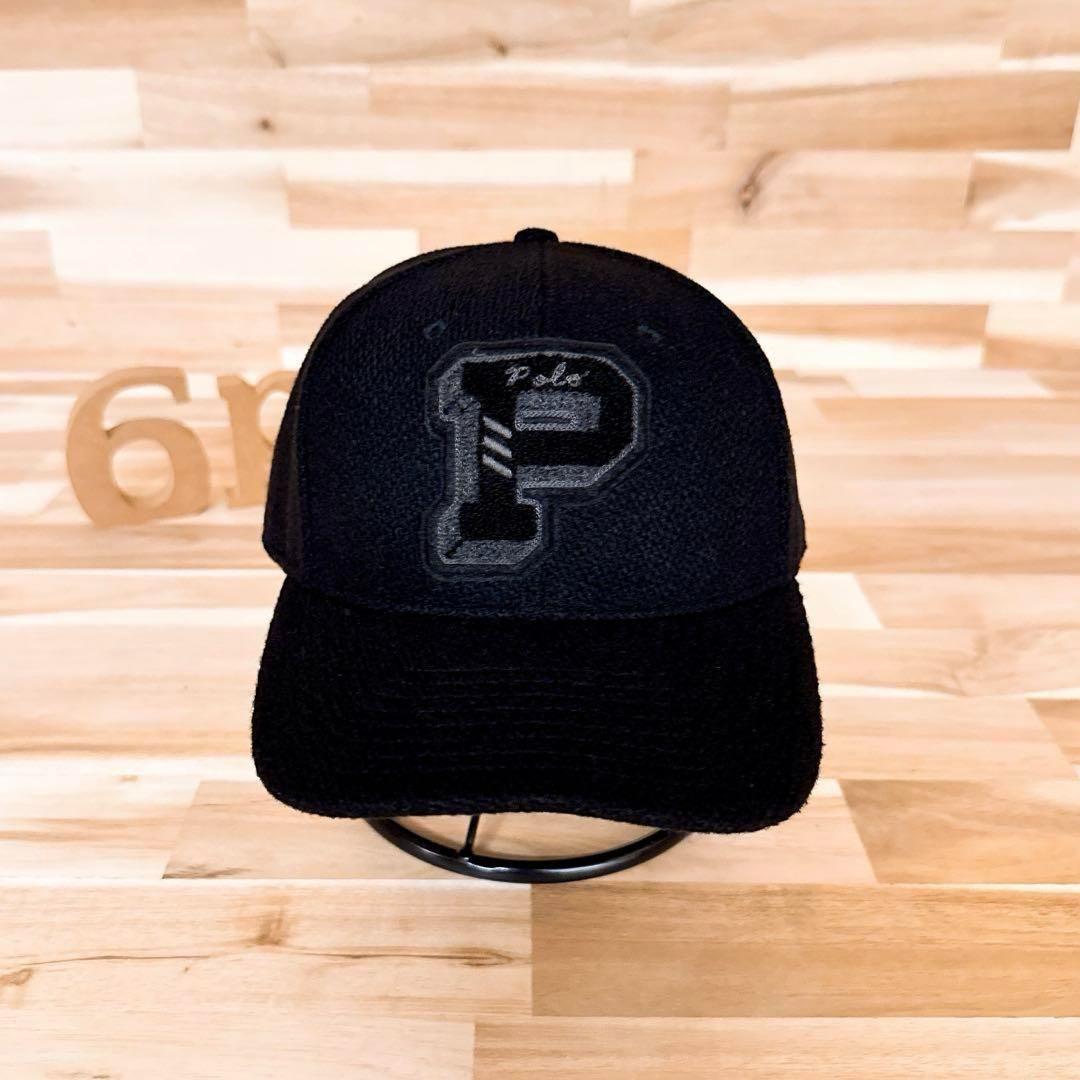 レア/廃番【ポロラルフローレン】パイル Pロゴ ウール ブレンド キャップ黒×紺