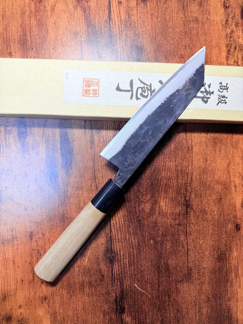 堺白鶴作　文化　包丁　黒打　青鋼　水牛角柄