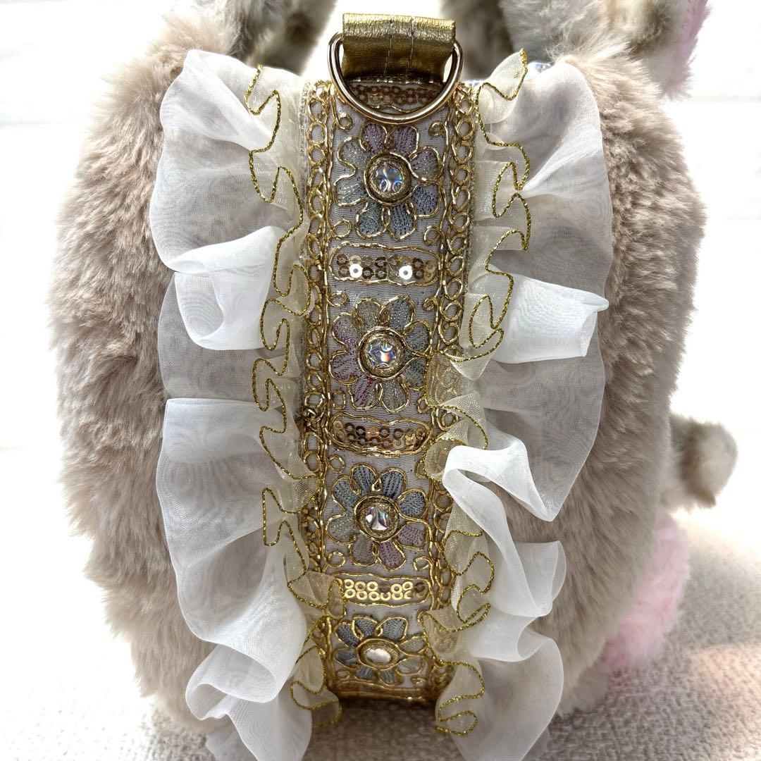 黒*こ様 コヤンイサムチョン　ハンドメイド　フリルファーバッグ　ベージュヒョウ柄