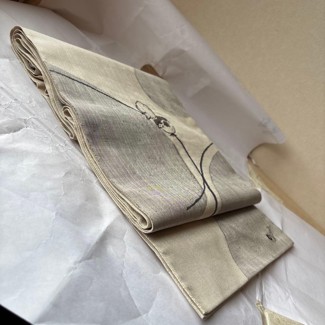 可愛いすずめ絵　織物のアート　紬袋帯　作家物