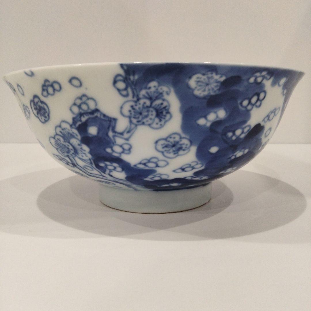 u385 上手 清朝期 古染花青花吹雪画 大振茶碗 鉢 底二輪文 古染付