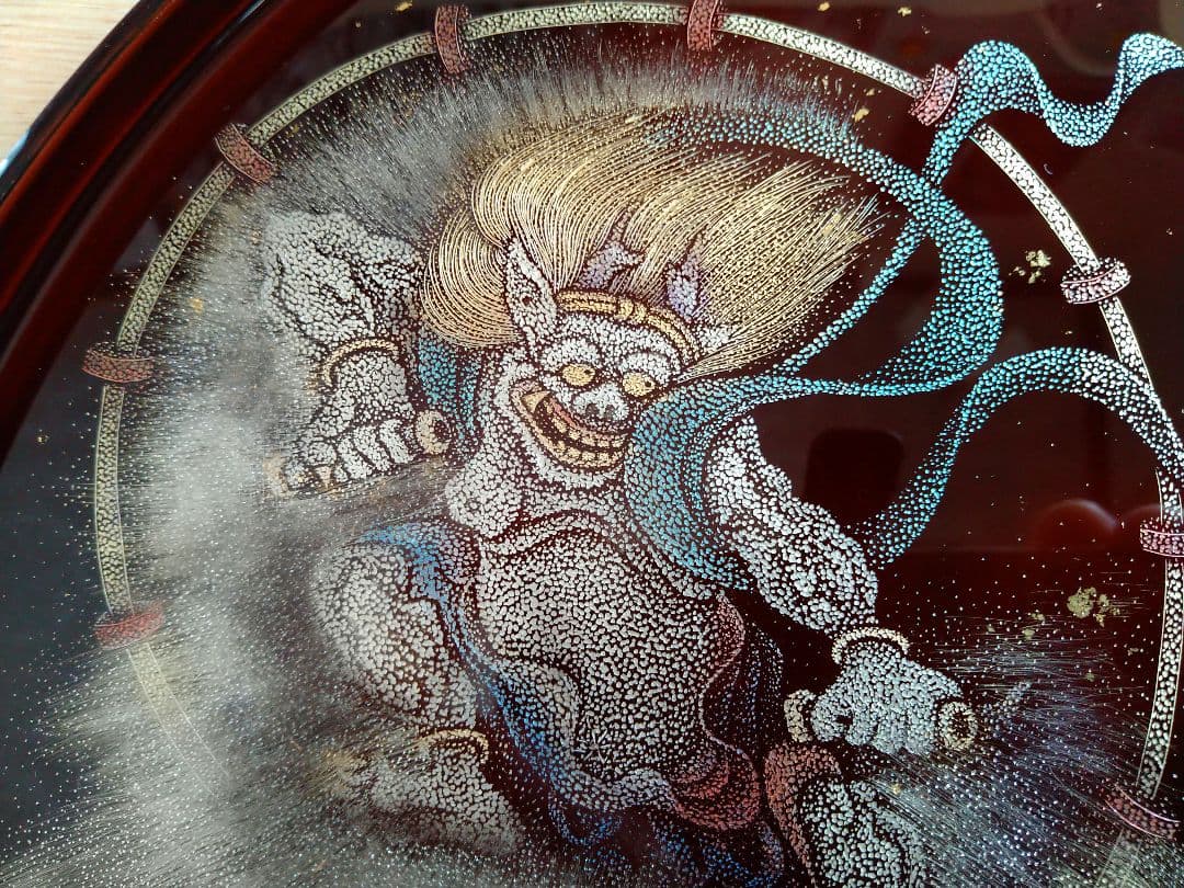 輪島塗沈金「風神雷神」半月盆
