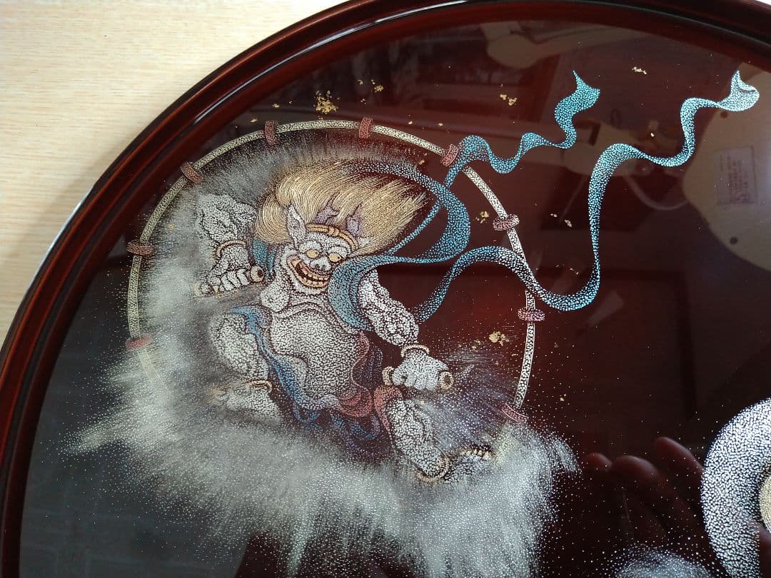 輪島塗沈金「風神雷神」半月盆