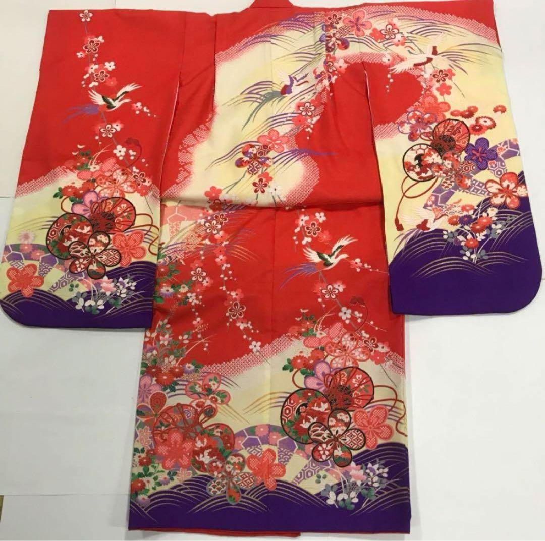 七五三　7歳女の子着物　2点セット　朱赤と紫　鼓　青海波　梅　鹿子柄
