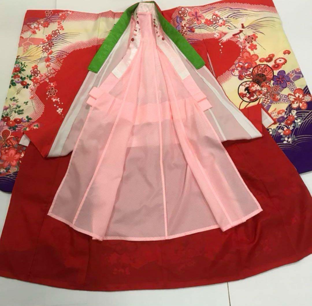 七五三　7歳女の子着物　2点セット　朱赤と紫　鼓　青海波　梅　鹿子柄