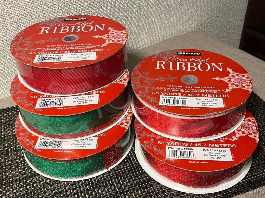 お値下！ワイヤーエッジリボン 赤緑クリスマスカラー５本各 50ヤード新品未使用