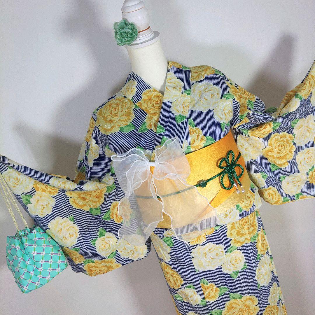 レディース　浴衣セット　身丈154cm　紺　黄　花　ストライプ　作り帯　リボン