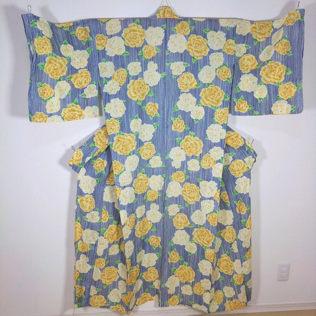 レディース　浴衣セット　身丈154cm　紺　黄　花　ストライプ　作り帯　リボン