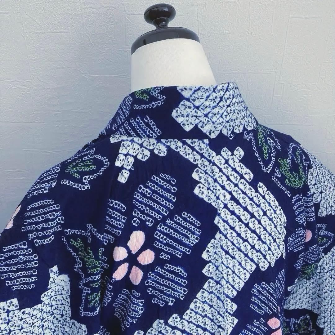 みっちん。 有松鳴海絞り浴衣・蜘蛛絞り 花模様　手縫い 広襟　No.-66