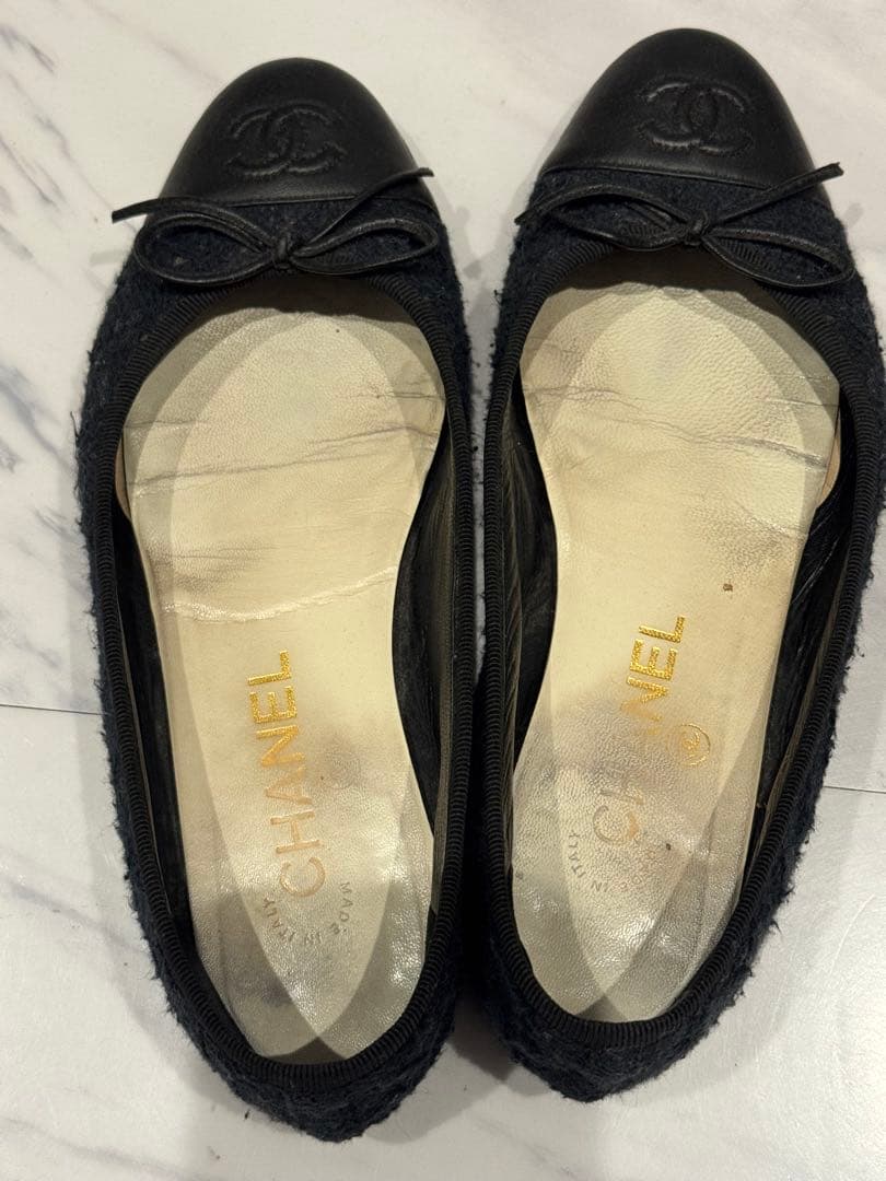 CHANEL シャネルバレエシューズ 黒ネイビーレースフラットシューズ36