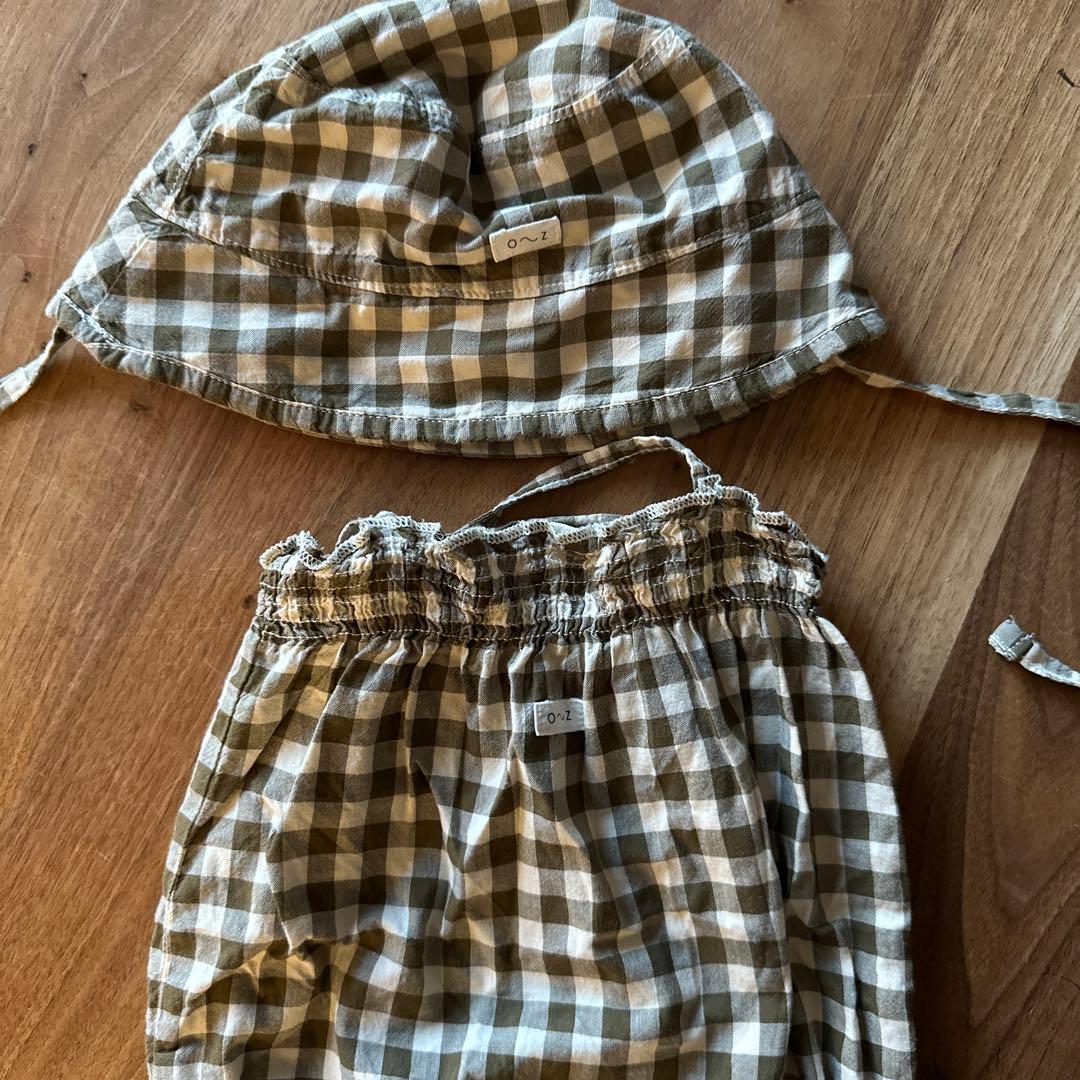 OZ オーガニックズー ギンガムチェック ロンパース 帽子 70cm 0-12m