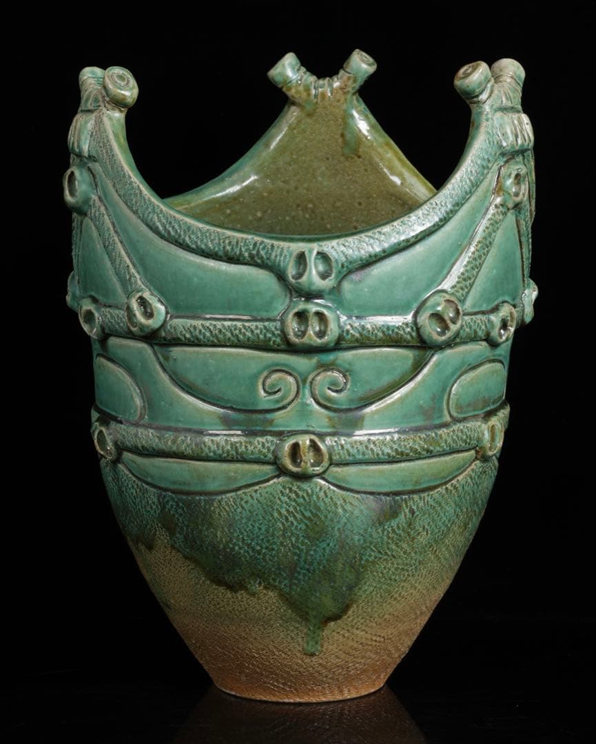 【富久窯 井上富三】縄文写花瓶 共箱 高さ37㎝ 緑釉 花器 花入 古美術 骨董