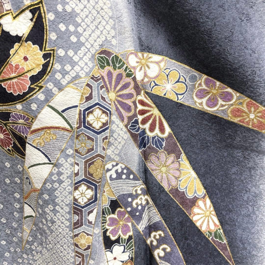 訪問着　雪輪紋　竹　菊花　ぼかし染め　金彩　鹿の子　紋無し　着物　093a d