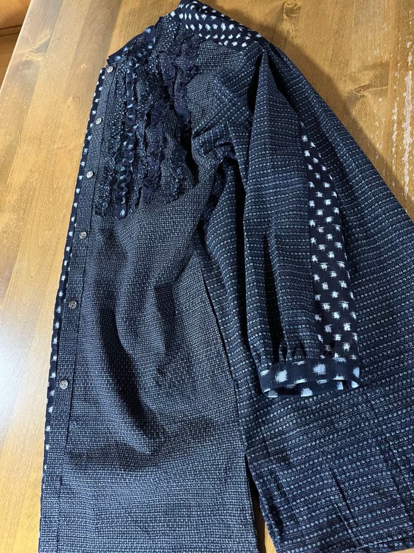 古布リメイク　久留米絣チュニック　シャツ　コート　雪ん子　フリル　ハンドメイド