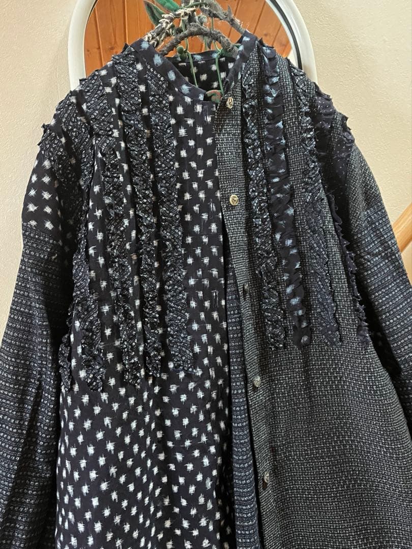 古布リメイク　久留米絣チュニック　シャツ　コート　雪ん子　フリル　ハンドメイド