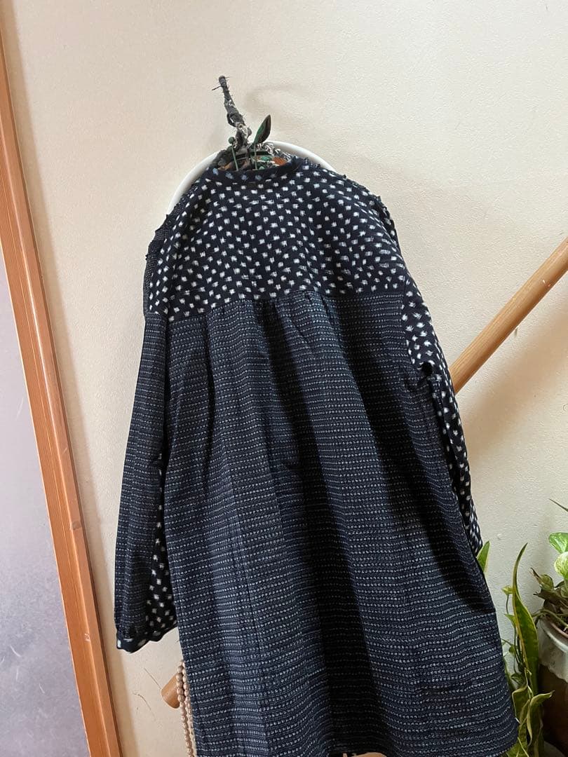 古布リメイク　久留米絣チュニック　シャツ　コート　雪ん子　フリル　ハンドメイド